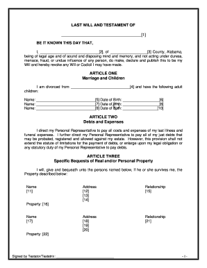 Alabama Legal Last Will and Testament Form for Divorced person not Remarried with Adult Children