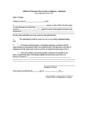 Virginia Affidavit of Payment Prior to Sale or Refinance - Individual