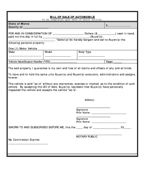 Maine Bill of Sale of Automobile and Odometer Statement for As-Is Sale