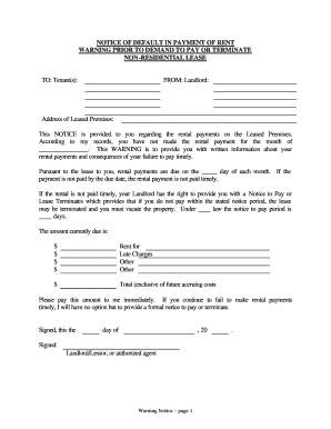 Tennessee Notice of Default in Payment of Rent as Warning Prior to Demand to Pay or Terminate for Nonresidential or Commercial Property