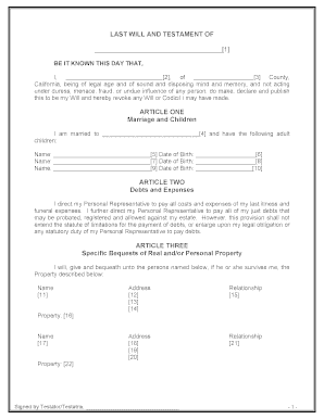 California Legal Last Will and Testament Form for Married Person with Adult Children