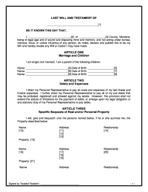 last will and testiment single adult minor children montana form