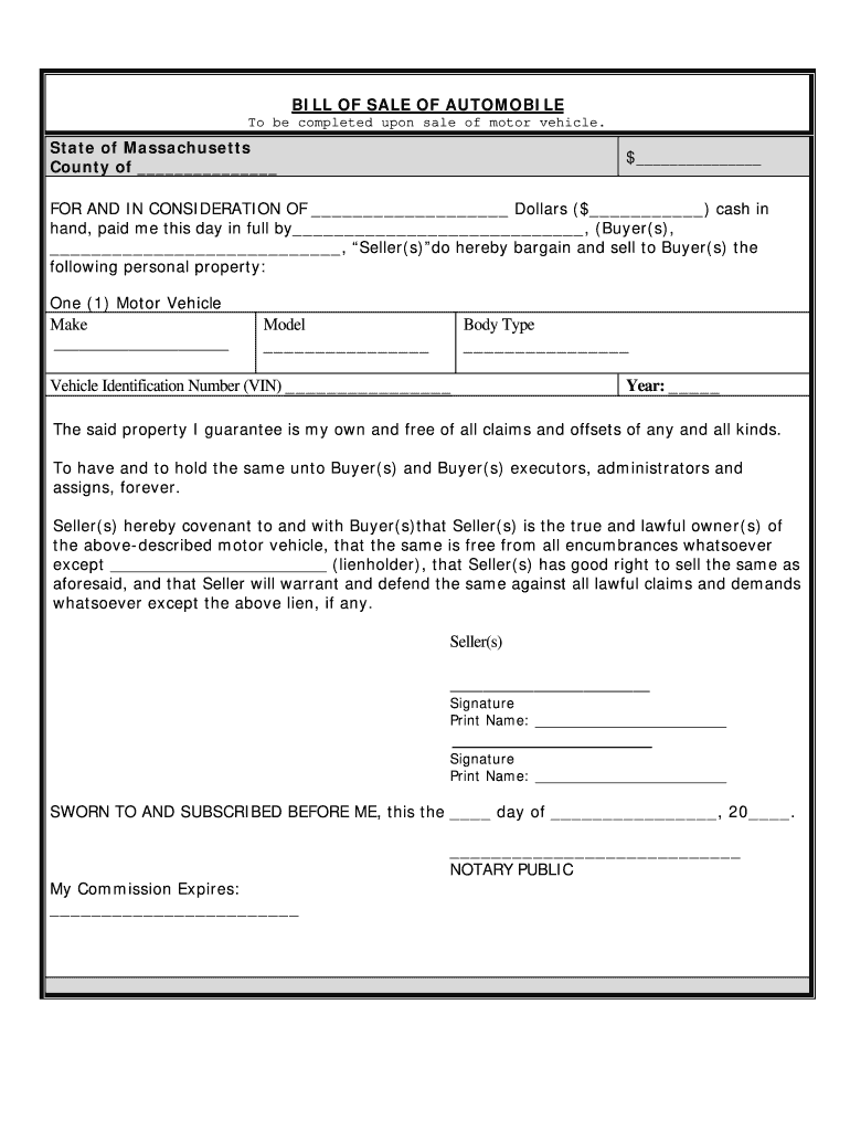 Free Massachusetts Recreational Vehicle Bill Of Sale Form Printable 