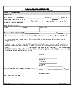 South Carolina Bill of Sale of Automobile and Odometer Statement