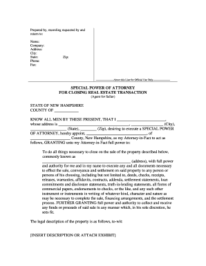 Power of attorney for property - New Hampshire Special or Limited Power of Attorney for Real Estate Sales Transaction By Seller