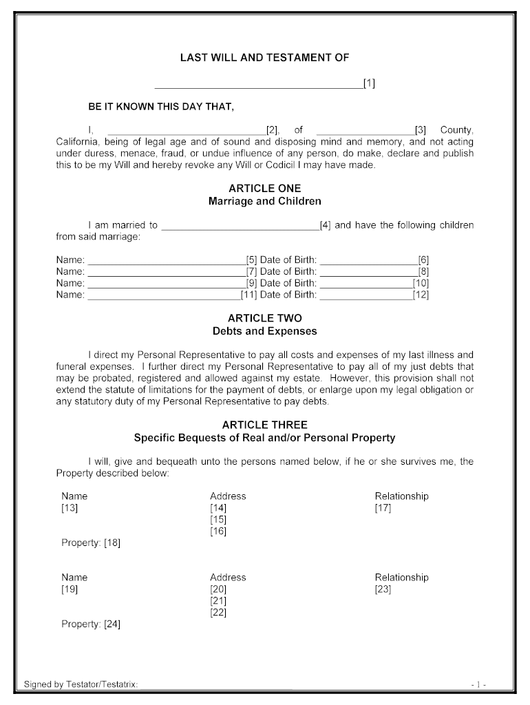 California Legal Last Will and Testament Form for Married Person with Minor Children Preview on Page 1