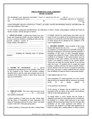 Indiana Residential Lease or Rental Agreement for Month to Month