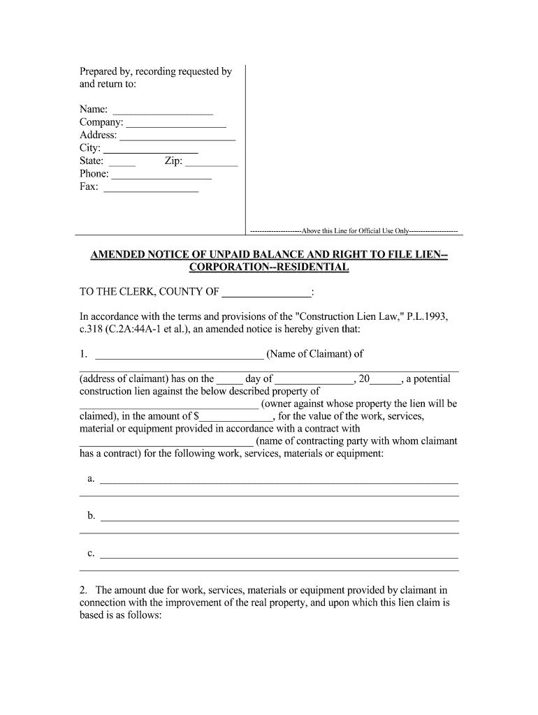 notice of unpaid balance and right to file lien nj Preview on Page 1