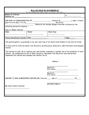 Illinois Bill of Sale of Automobile and Odometer Statement for As-Is Sale