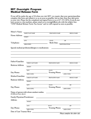 MIT Overnight Program Medical Release Form