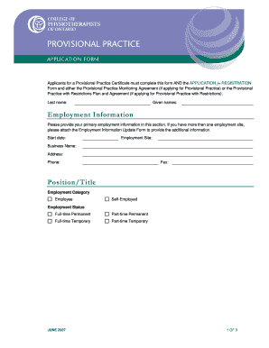 Provisional Practice Application Form