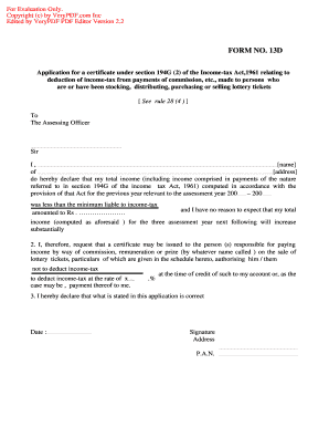 Form 13D Application for Income Tax Certificate