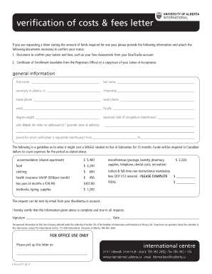 Verification of Costs & Fees Letter