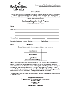 Newfoundland Pesticide Applicator Licence Renewal Form