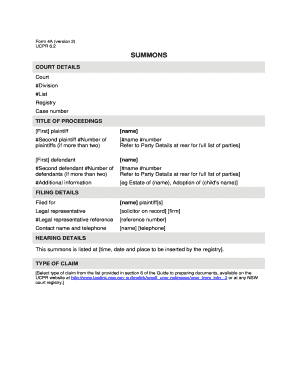 NSW UCPR Form 4A - Summons - filing party legally represented