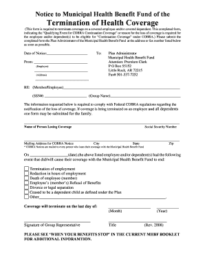 Notice to Municipal Health Benefit Fund of Termination of Health Coverage