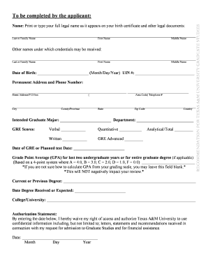 Texas A&M University Graduate Studies Application Form
