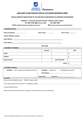 ADELAIDE PLANETARIUM SPECIAL OCCASION BOOKING FORM