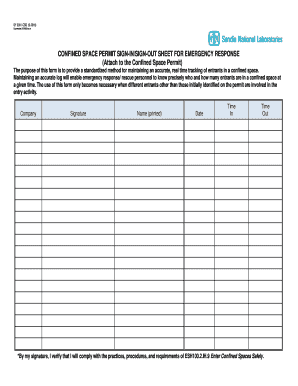 CONFINED SPACE PERMIT SIGN-IN/SIGN-OUT SHEET FOR EMERGENCY RESPONSE