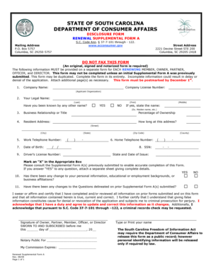 South Carolina Renewal Supplemental Form A