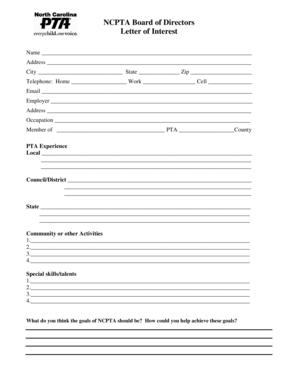 NCPTA Board of Directors Letter of Interest - North Carolina PTA - ncpta