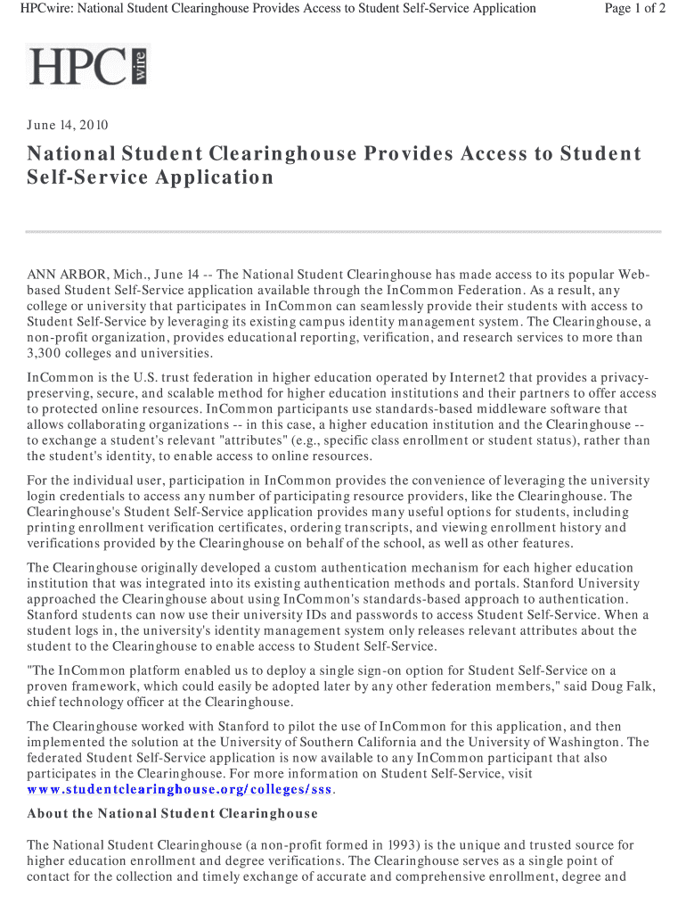 Fillable Online HPCwire National Student Clearinghouse Provides Access