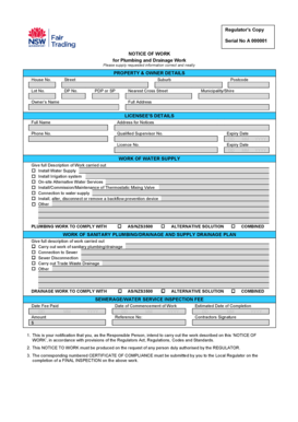 Notice of Work for Plumbing and Drainage