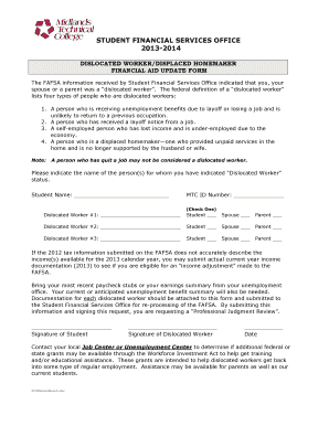 Dislocated Worker Financial Aid Update Form