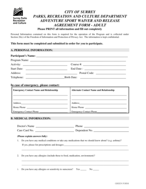 City of Surrey Adventure Sport Waiver and Release Agreement Form
