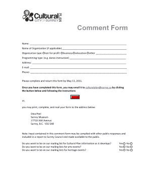 Surrey Cultural Plan Comment Form