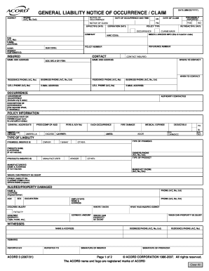 General Liability Notice of Occurrence / Claim
