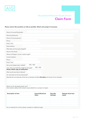 Household Goods Transit Claim Form
