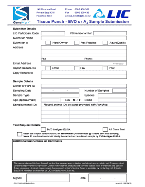 Tissue Punch BVD or A2 Sample Submission Form