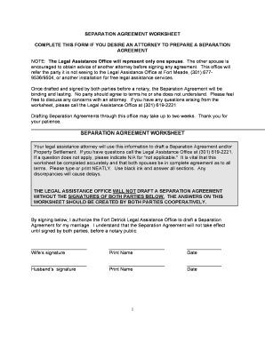 Separation Agreement Worksheet - Fort Detrick, Md.