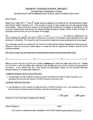 Fremont Unified School District Junior High Permission Form