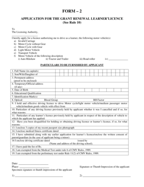 Application for Grant Renewal Learner's Licence