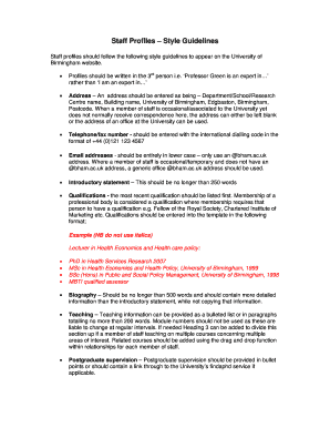 Progress note template - Content notes for the staff profile template - University of Birmingham