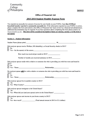 2013-2014 Student Monthly Expense Form