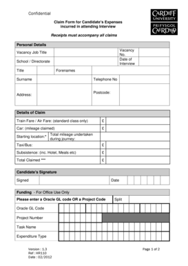 Confidential Claim Form for Candidate’s Expenses