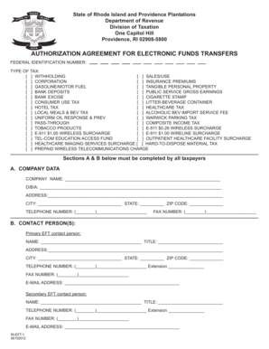 Rhode Island Electronic Funds Transfer Authorization Agreement