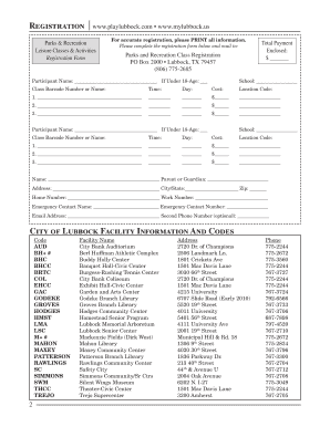 Lubbock Parks and Recreation Class Registration Form