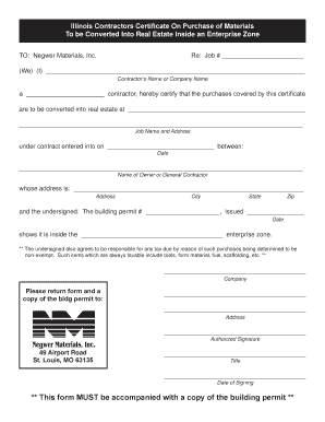 Illinois Contractors Certificate On Purchase of Materials