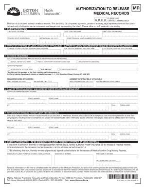 Authorization to Release Medical Records - Ministry of Health - health gov bc