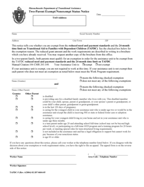 Massachusetts TAFDC Two-Parent Exempt/Nonexempt Status Notice