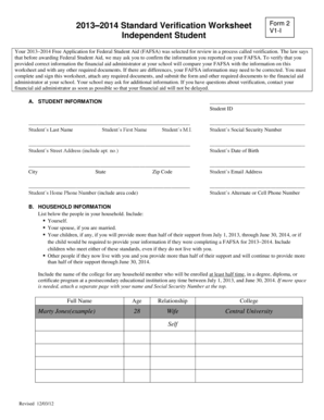 2013–2014 FAFSA Verification Worksheet