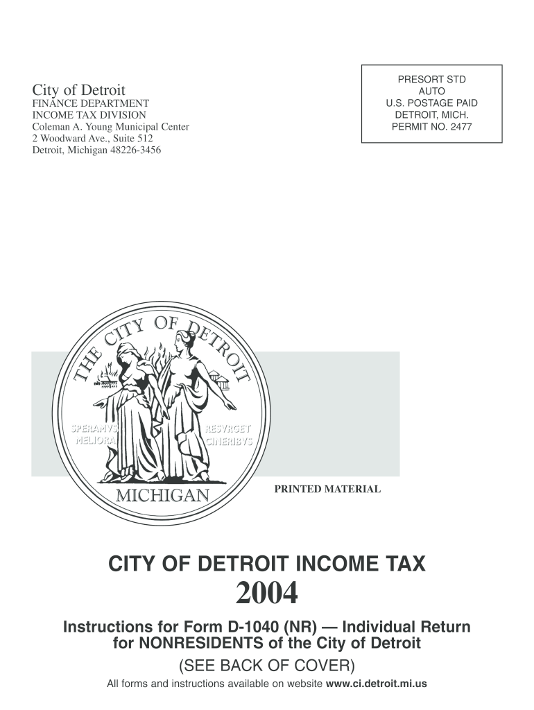 Form D1040(NR) - 2004 Detroit Non-Resident ... - City of Detroit - detroitmi Preview on Page 1.