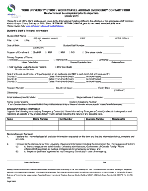 York University Study Work Travel Emergency Contact Form