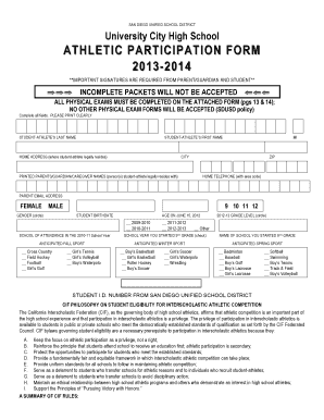 San Diego Unified School District Athletic Participation Form