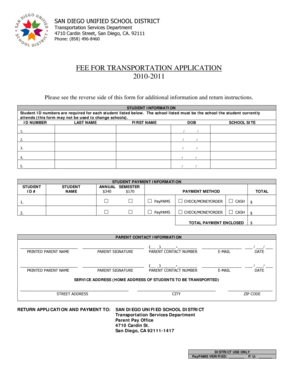 San Diego Unified School District Transportation Fee Application