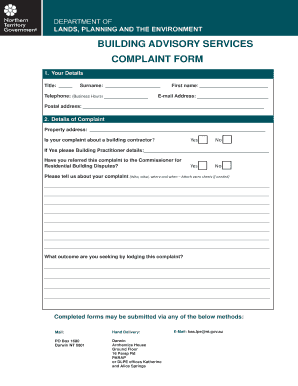 Building Advisory Services Complaint Form